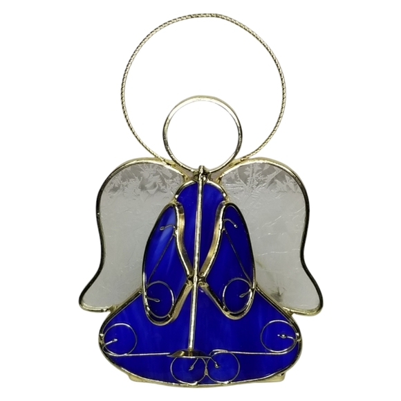 Stained Glass Angel Tea Light Candle Holder Blue Gold Holiday Christmas Angel - Picture 1 of 10